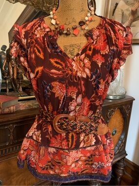 Pre-loved Autumn Fall Splendour Thanksgiving Chiffon Floral Ruffle Blouse Shirt